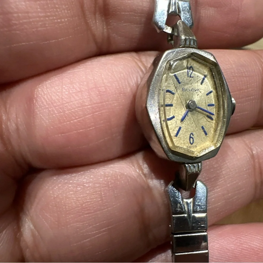 RUNS 1966 Ladies' Swiss Bulova Watch N6 10K RGP Bezel Blue Stick Mechanical Wind